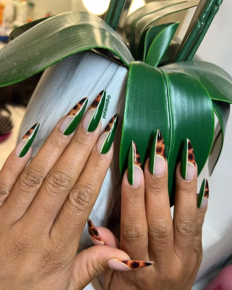 Green and leopard print stiletto nails