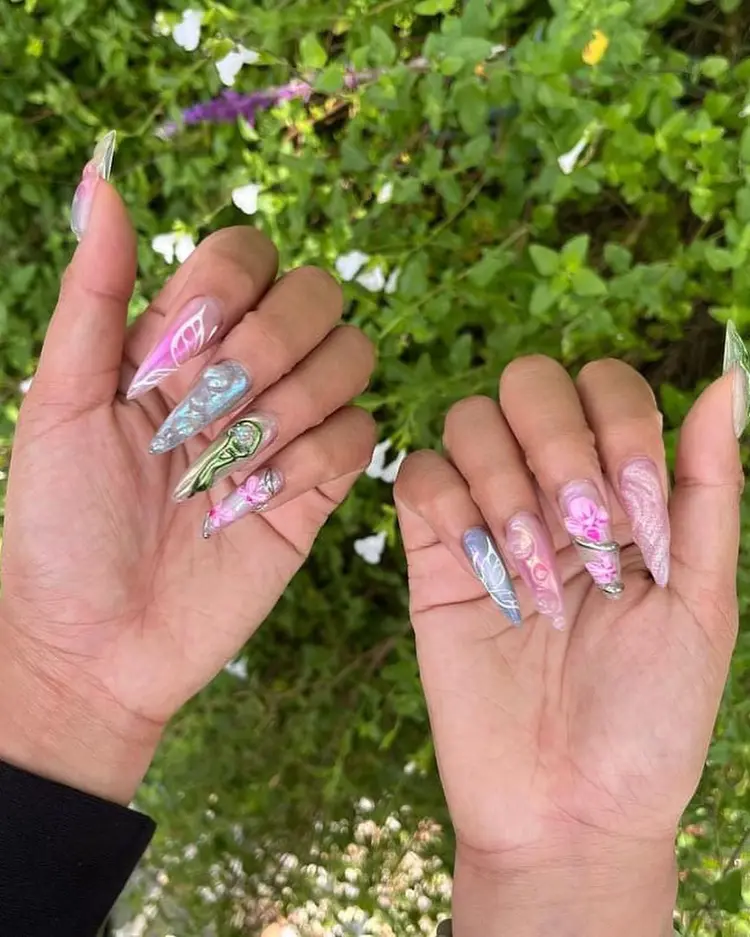 Pastel 3D floral nail art on long nails