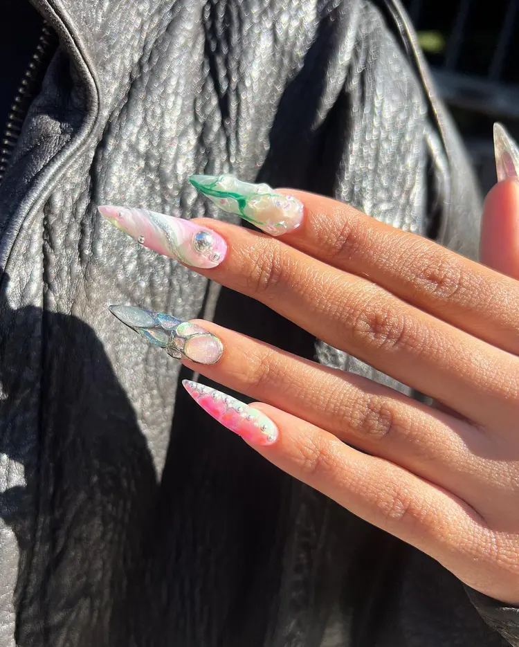 Pastel stiletto nails with 3D floral nail art
